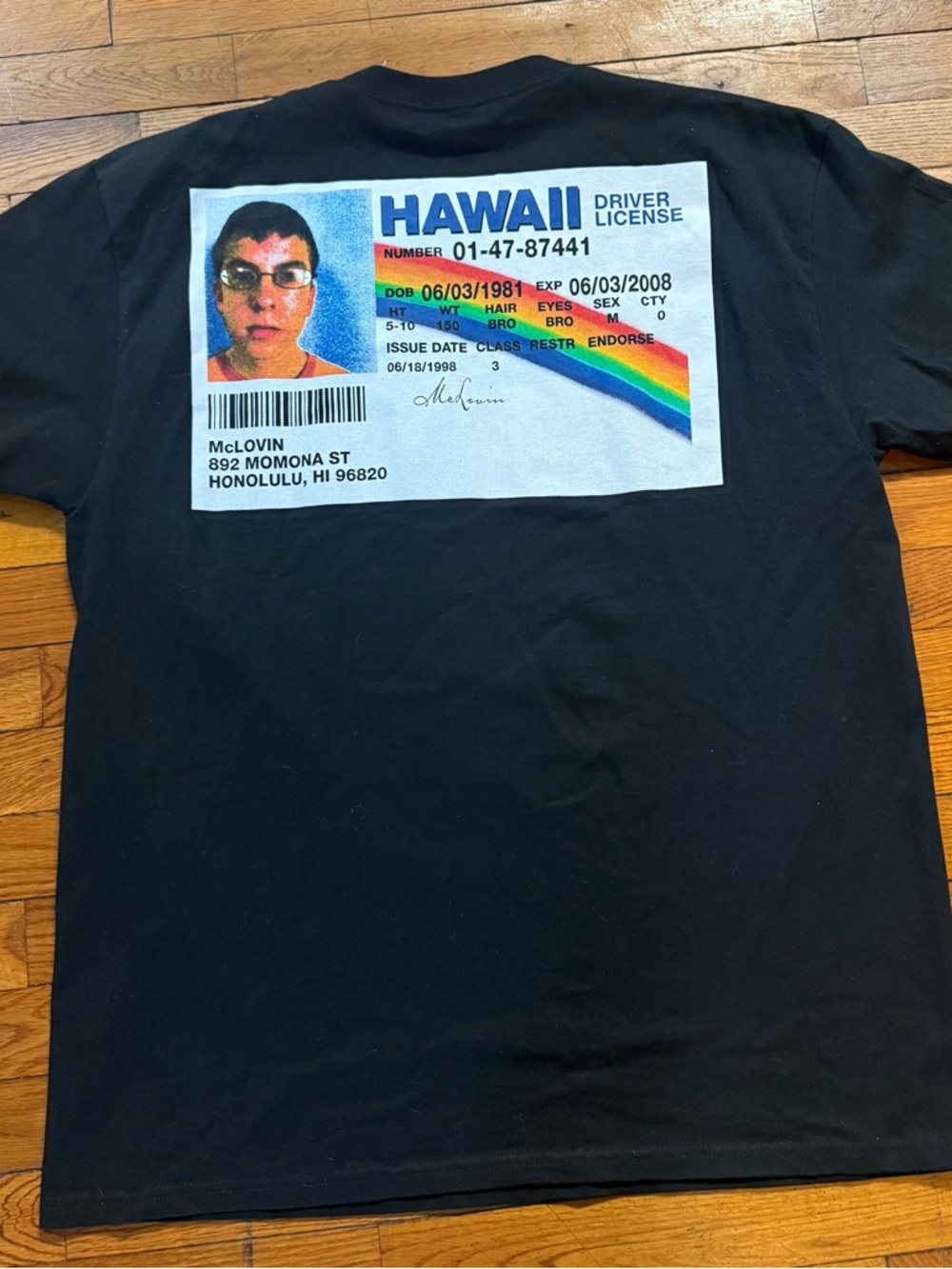 McLovin Black Graphic T-Shirt with Hawaii License Print